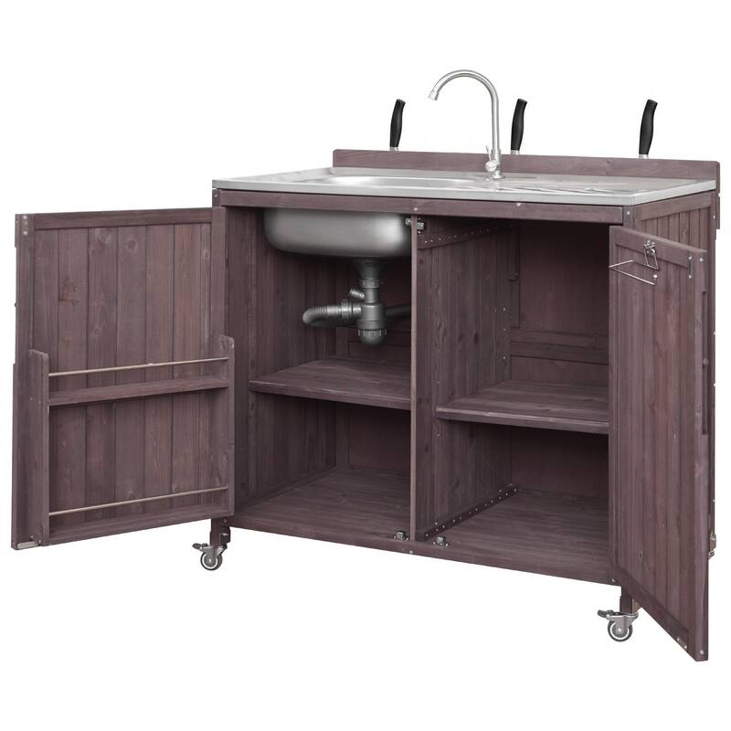 39.4" Outdoor Kitchen Island with Sink, Outdoor Kitchen Sink Station w/ 304 Stainless Steel Sink, Hose Hook Up & Faucet