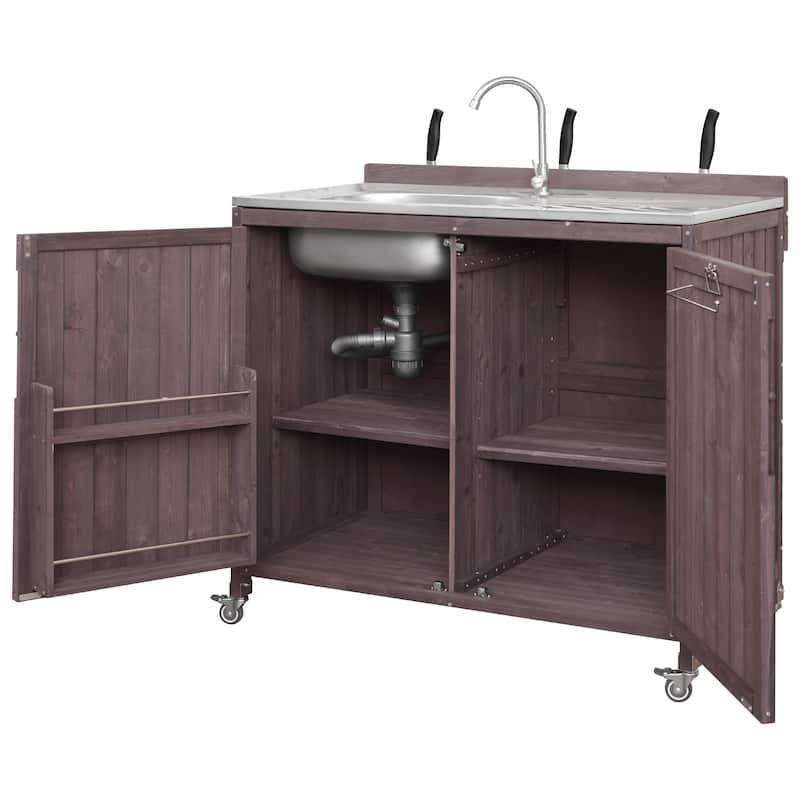 39.4" Rolling Outdoor Kitchen Island with 304 Stainless Steel Sink, Faucet & Cabinet for Pizza Prep