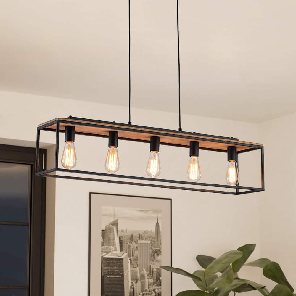 5-Light Rectangular Caged Farmhouse Chandelier - Matte Black
