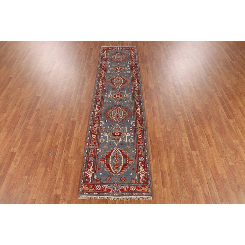 Blue Geometric Khotan Oriental Runner Rug Handmade Wool Carpet - 2'6"x 10'0"