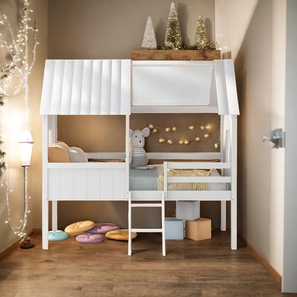 Twin Size Low Loft Wood House Bed with Two Side Windows - Bed Bath ...