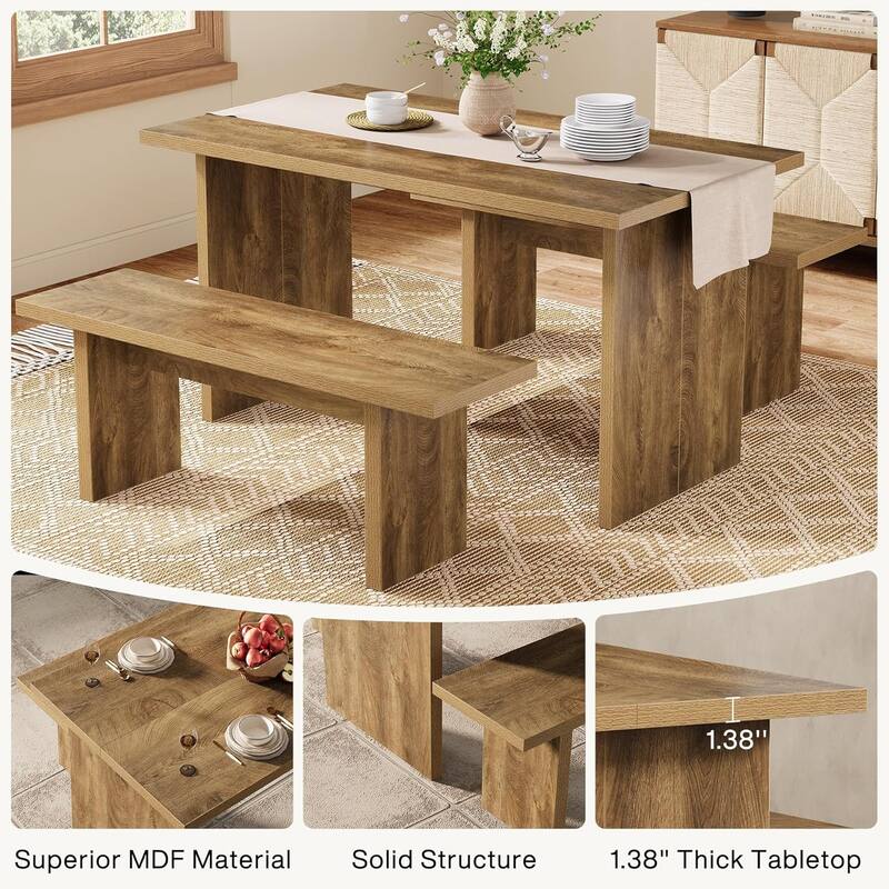3 Pieces Rectangular Dining Table Set with 2 Benches, 55" Farmhouse Kitchen Table Set