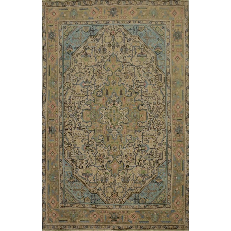 Hand Knotted Oriental 100% Wool Carpet Traditional Medallion Beige & Ivories Tabriz Area Rug - 9' 4'' X 6' 5''