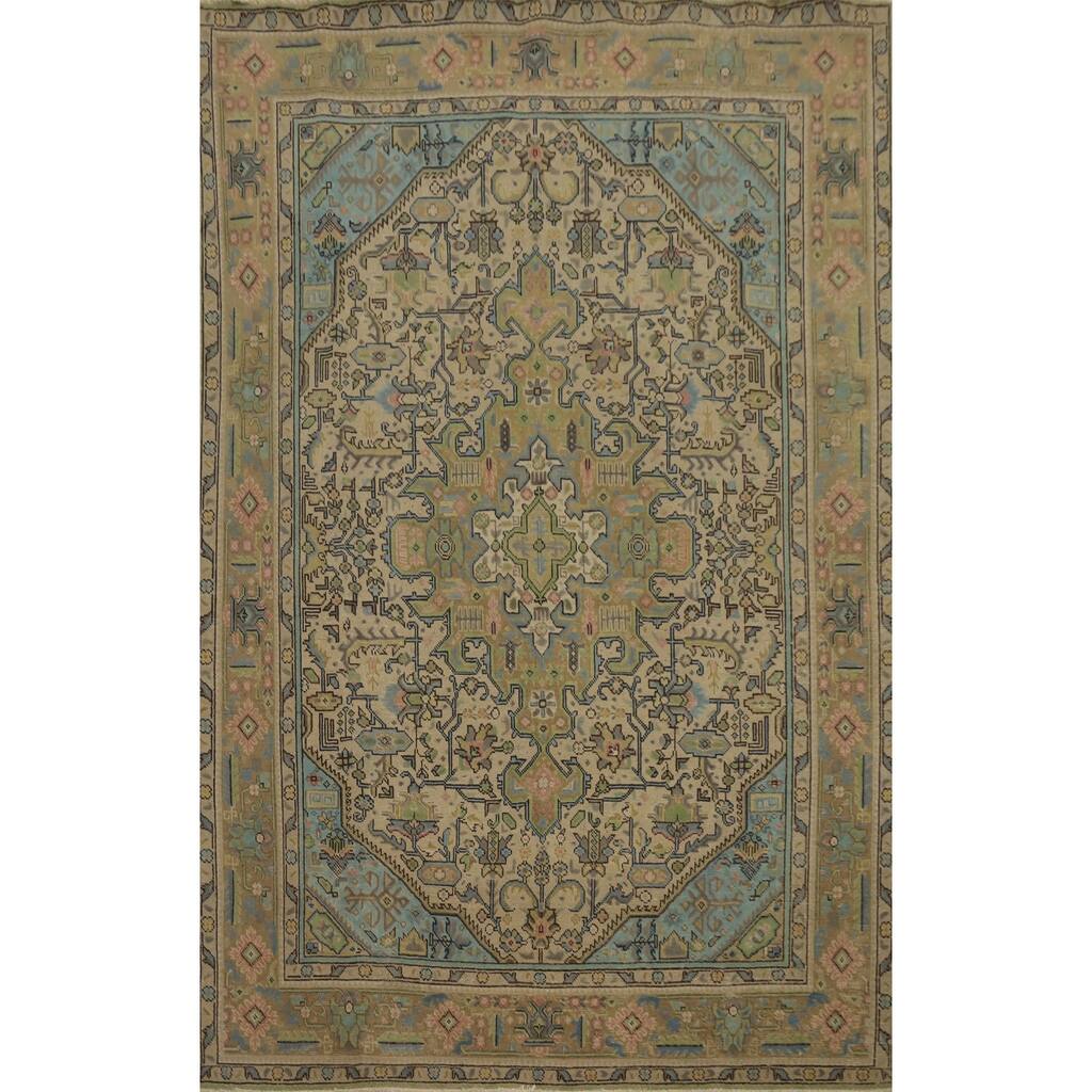 Hand Knotted Oriental 100% Wool Carpet Traditional Medallion Beige & Ivories Tabriz Area Rug - 9' 4'' X 6' 5''