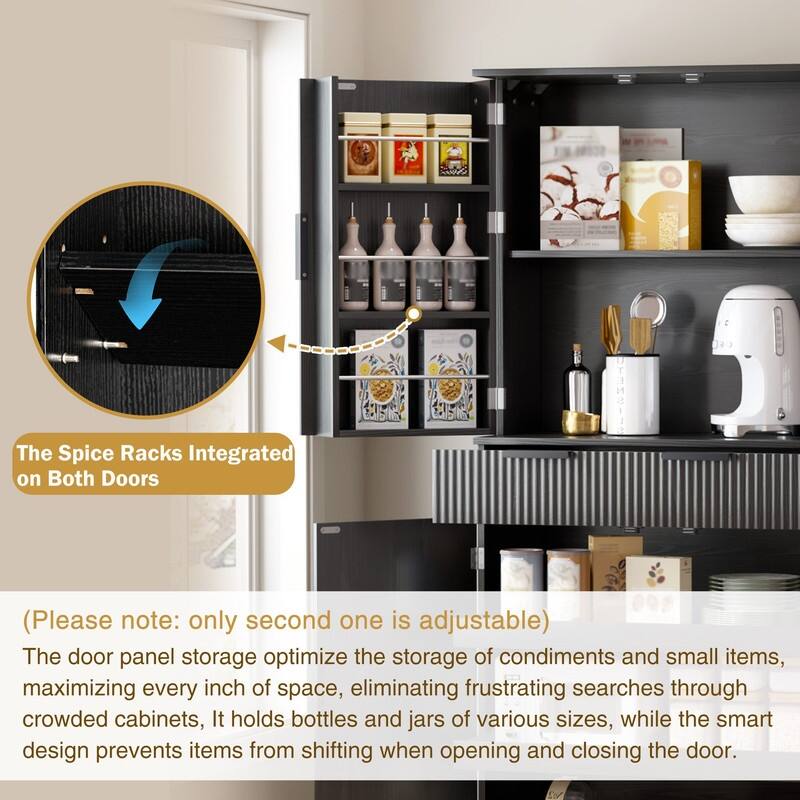 72" Fluted Kitchen Pantry Cabinet, Freestanding Cupboard Storage Cabinet with Drawers and Adjustable Shelves