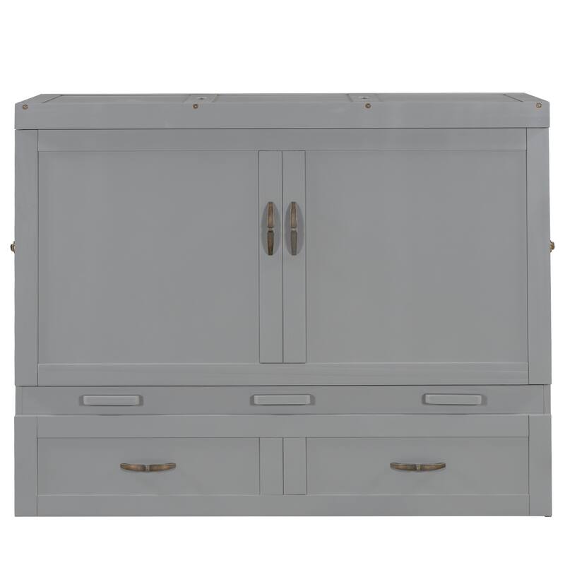 Gray Full Size Space-Saving Design Murphy Bed with USB Ports, Large Drawers and Metal Handles