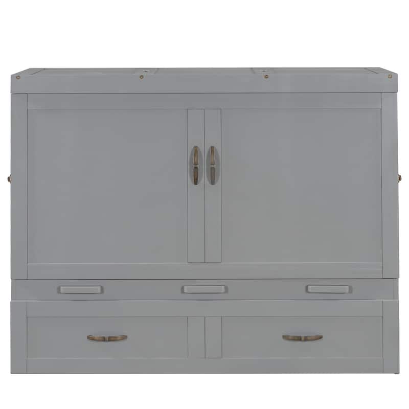 Space-Saving Full Murphy Bed with USB Charging Module, Sturdy Pine Wood Construction & Drawer Storage