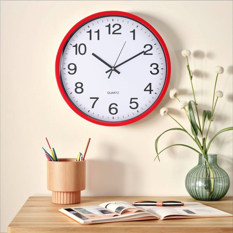 Simple Wall Clock, Big Number, Silent Non-Ticking Modern Battery Operated Clocks, for Office, Home, Bedroom 14x14x1.8 Inch - Red