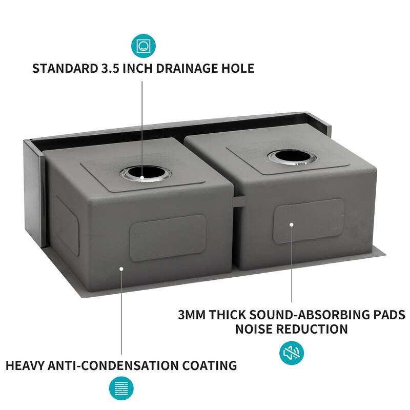 Farmhouse 16 Gauge Double Bowl Stainless Steel Kitchen Sink in Gunmetal Black