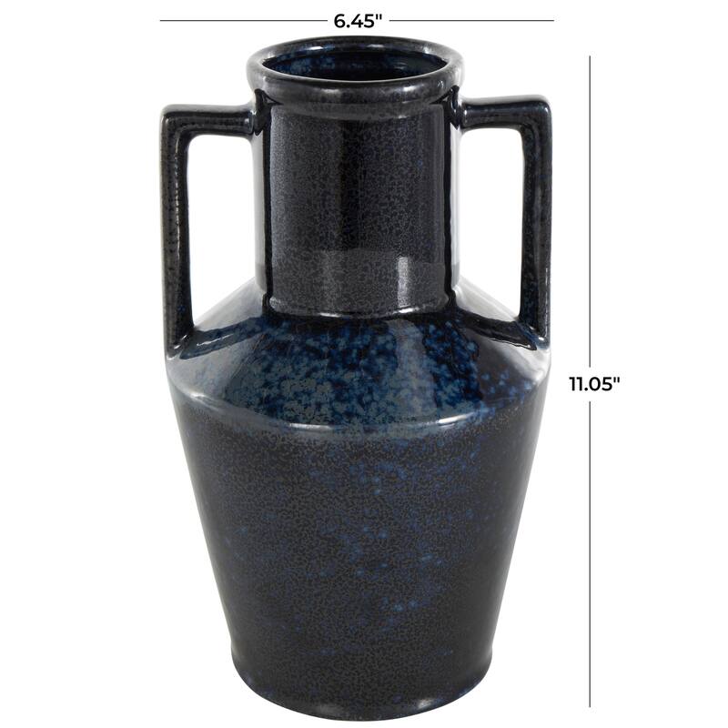 Dark Blue Ceramic Ombre Textured Decorative Vase with Rectangular Handles