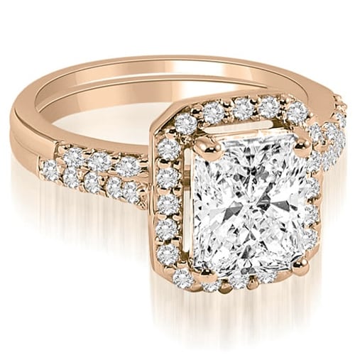 1.06 cttw. 14K Rose Gold Emerald And Round Cut Halo Diamond Bridal Set,HI,SI1-2