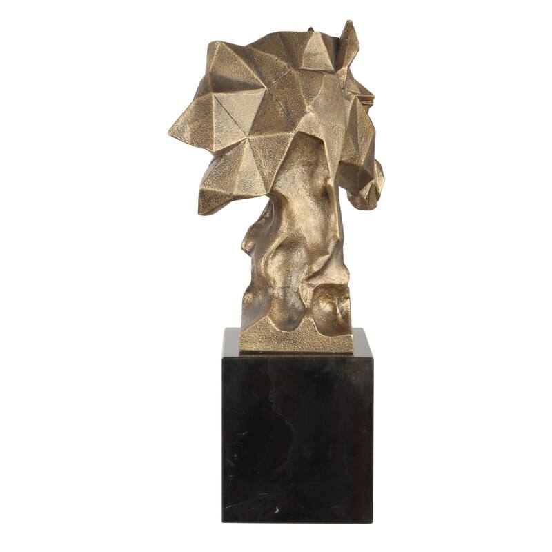 Geometric Faceted Horse Bust with Marble Base - 13.25" - Antique Gold Finish