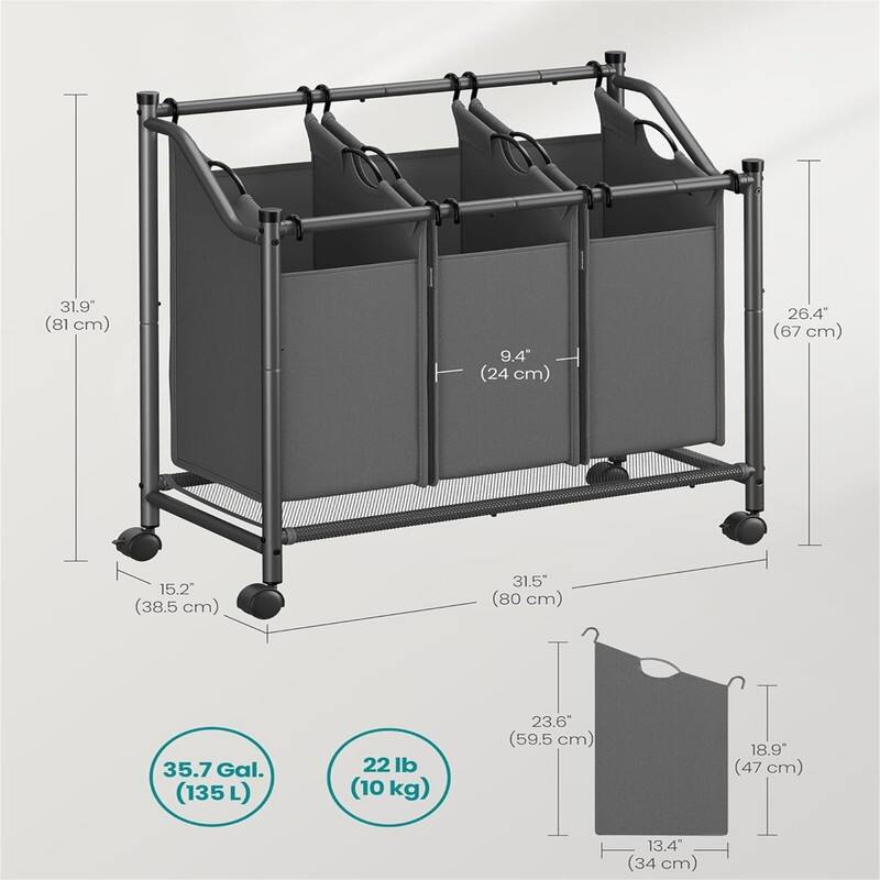 Rolling Laundry Basket with 4 Removable Bags