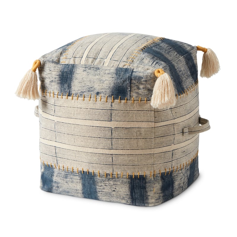 Alexander Home Denim Farmhouse Pouf - 18"W x 18"D x 18"H - Indigo / Ivory