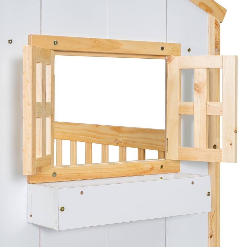 Twin over Twin House Bunk Bed with Roof ,Window,Window Box, Door,with Safety Guardrails and Ladder