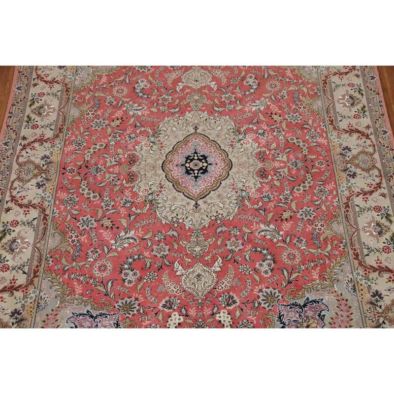 Handmade Pink Wool & Silk Tabriz Persian Area Rug Traditional Carpet - 5'0"x 7'6"