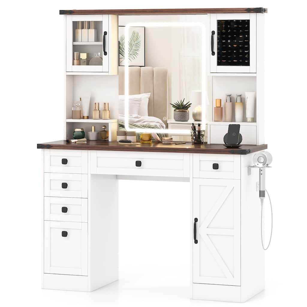 Gymax Farmhouse Vanity Desk w/ Lighted Mirror Makeup Vanity Table w/ 3
