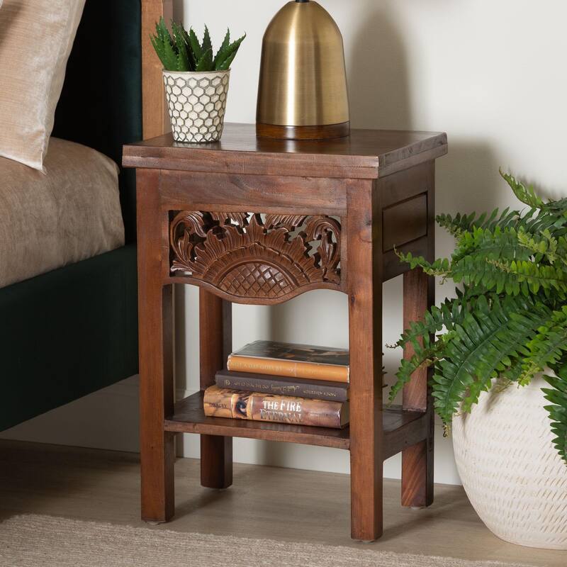 Alexandra Handcarved Mahogany Wood Nightstand - Decorative Accent Table with Lower Shelf, Traditional Artisan Furniture