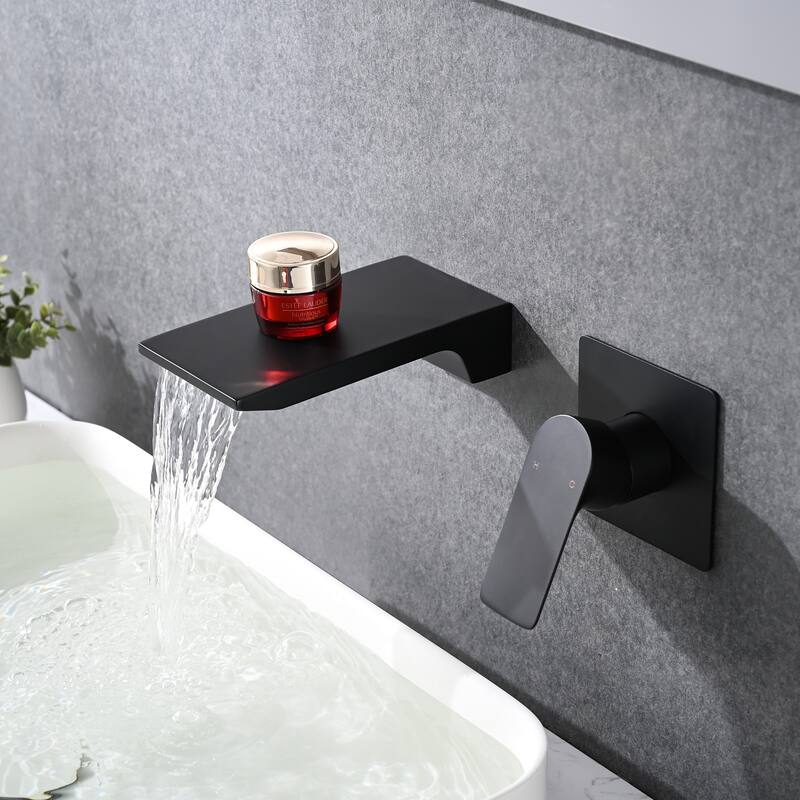 Modern Single Handle Wall Mounted Waterfall Bathroom Sink Faucet with Rough Valve, Splash Proof, Corrosion Proof and Rust Proof - Black