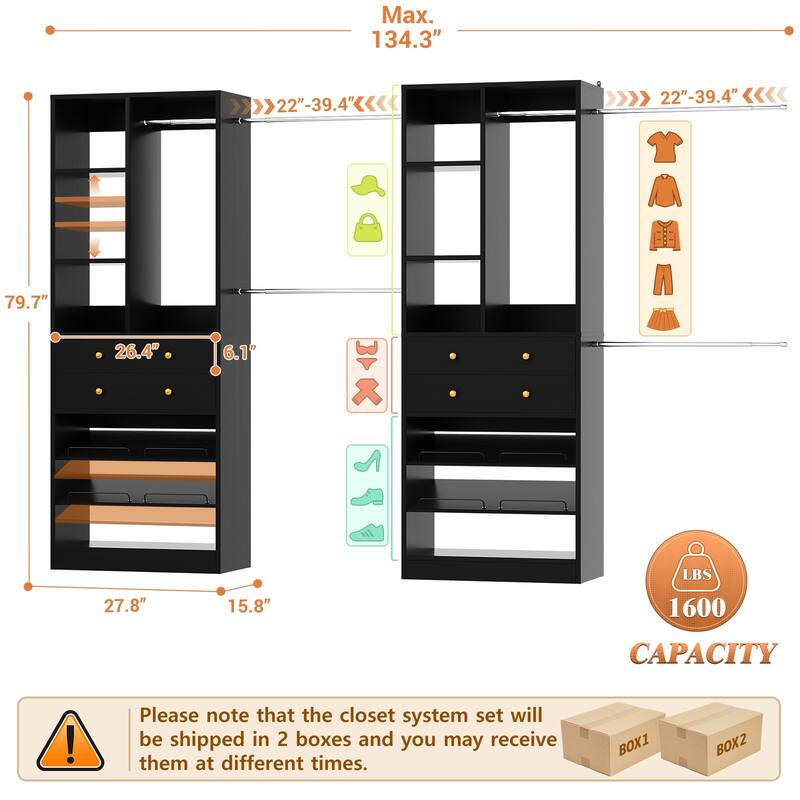 Set of 2 Closet System with 6 Hanging Rods and 4 Drawers, Adjustable Closet System with Shelves and Shoe Rack
