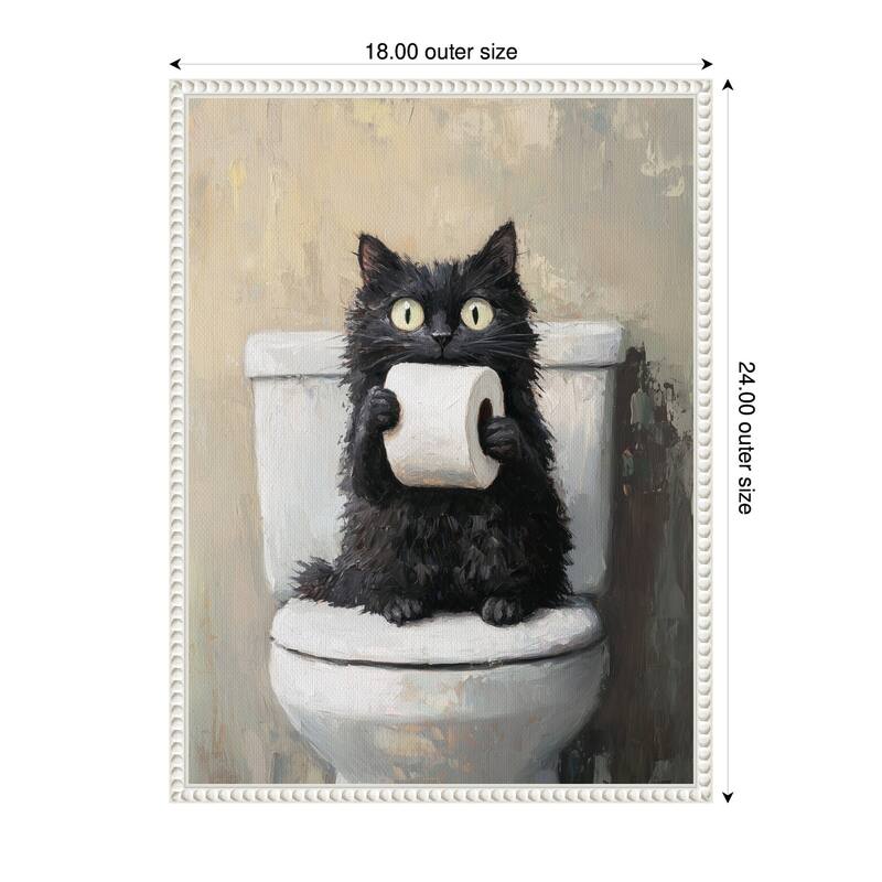 Kate and Laurel Sylvie Funny Black Cat Toilet Paper Roll Toilet Bathroom Art Framed Canvas by The Creative Bunch Studio