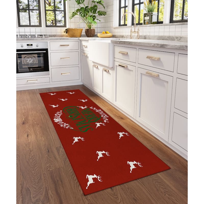 Indoor/ Outdoor Cozy Winter Red Washable Merry Christmas Rug - 2'3" x 7'6" - Red