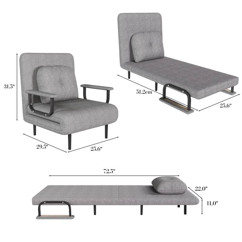 Folding Sofa Bed 3-in-1 Convertible Chair, Lounge Chair with 5-Position Adjustable Backrest, Sleeper Bed with Pillow