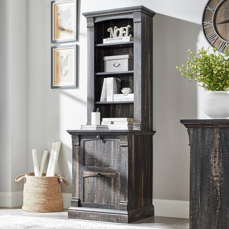 Farmhouse Bookcase with 2 File Drawers, 72" Tall Wooden Bookshelf - Dark Rustic Oak