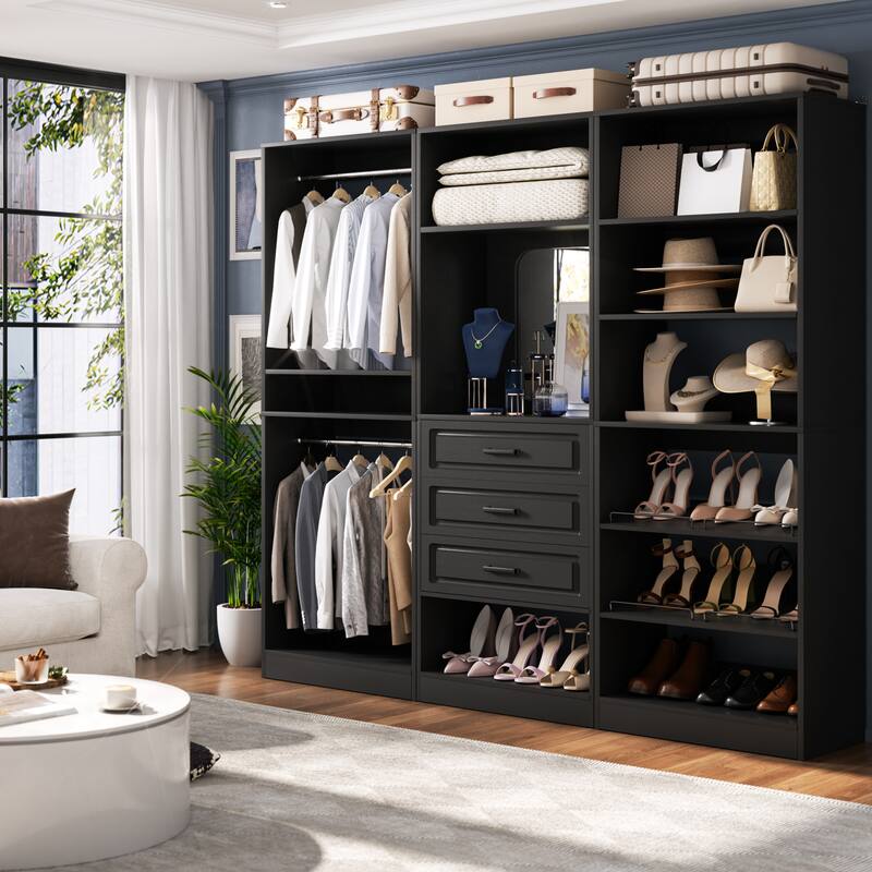 Cimly 25'' Freestanding Closet System with Drawers and Mirror, Display Shelves Organizer with Shelving