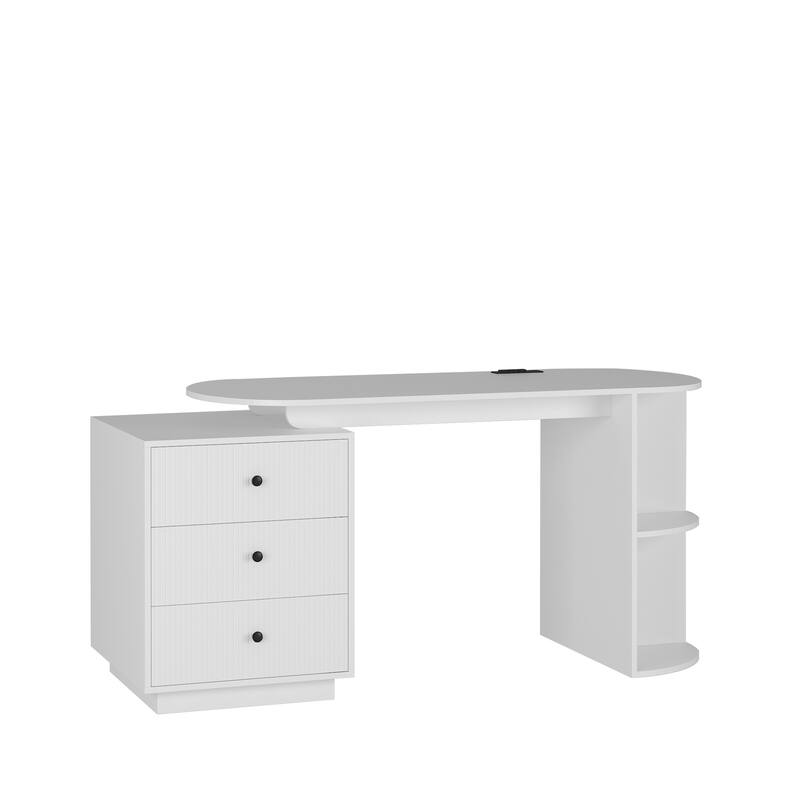 Anmytek White Extendable Computer Desk with Storage Drawers Outlets Modern Gaming Home Office