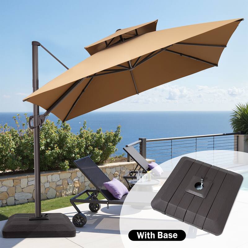 11 x 11 FT Outdoor Patio Cantilever Umbrella 360 Degrees Rotation and Base Stand - Tan