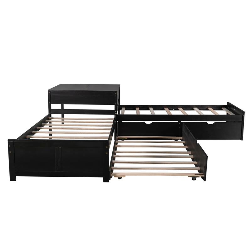 L-Shaped Platform Bed With Trundle And Drawers Linked With Built-In Desk,Twin