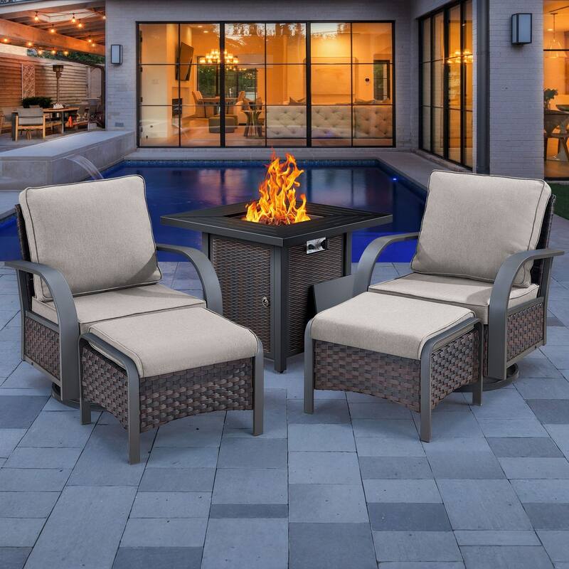 Pocassy Outdoor Patio Furniture Set - Brown Rattan - Beige Cushion - 2 Swivel Chair 2 Ottoman with Fire Table