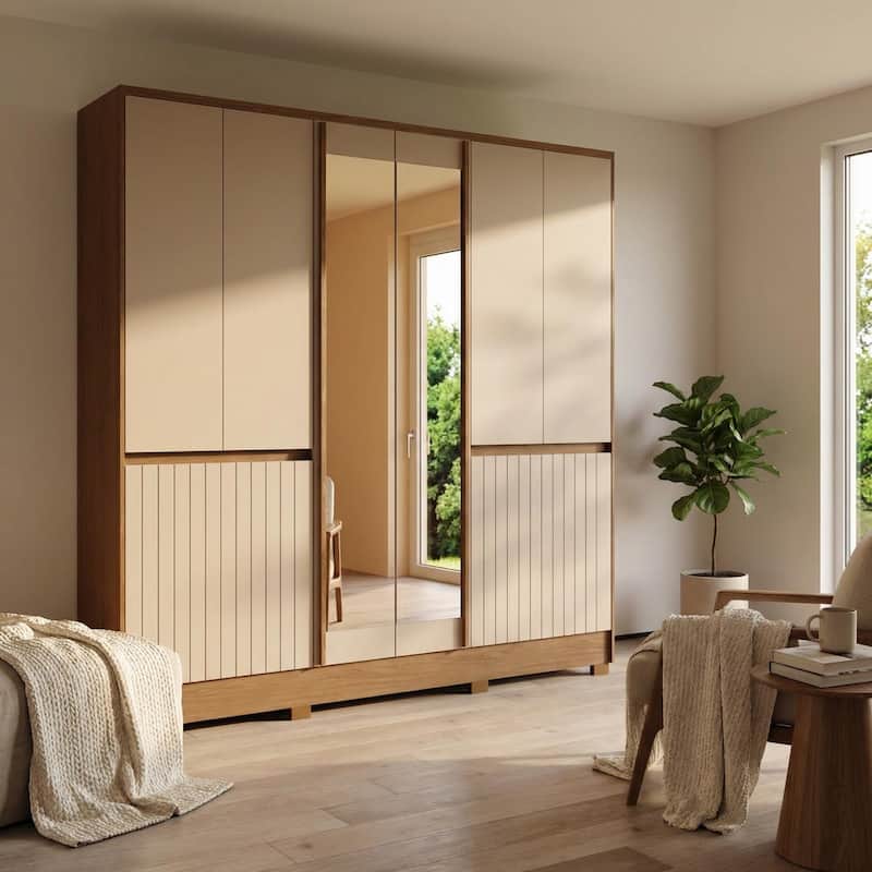 Meble Furniture Alaska 85-Inch Large Bedroom Wardrobe Armoire with Mirror, Drawers and Shelves, Oak/Fendi Two-Tone Finish