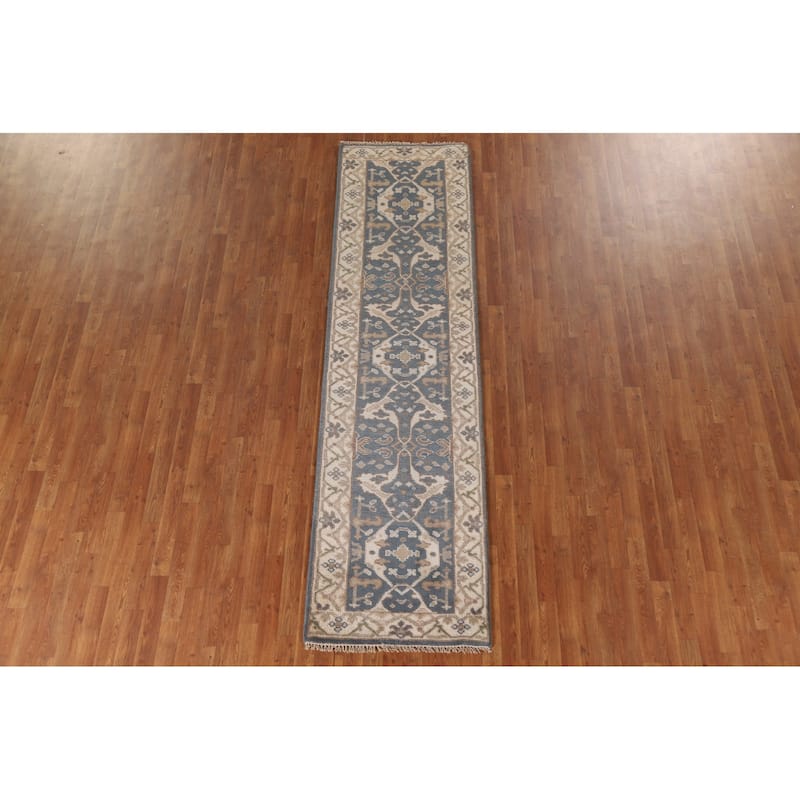Floral Blue Oushak Oriental Runner Rug Handmade Wool Carpet - 2'8"x 9'10"