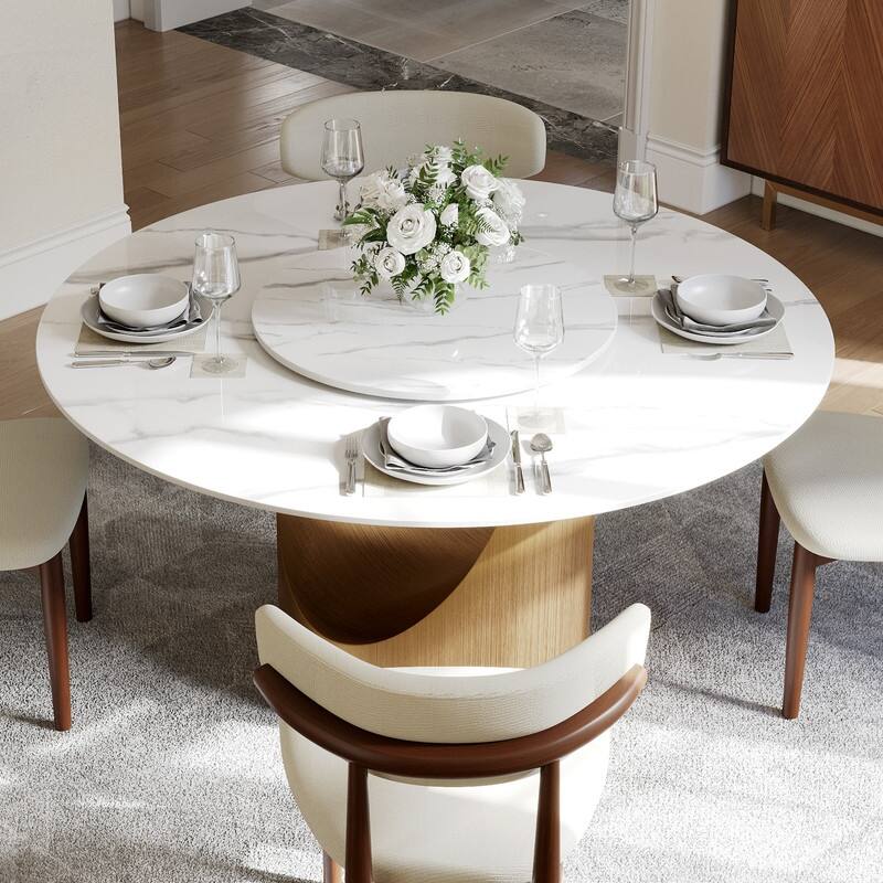 Modern Round Dining Table for Diningroom，White Glossy Stone Tabletop,Bronze Carbon Pedestal