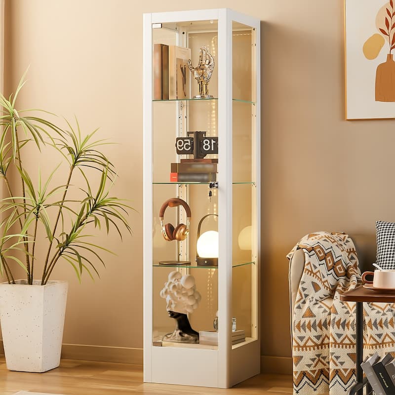4-shelf Glass Curio Display Cabinet with Doors, RGB Light & Adjustable Storage Shelves - 63"H x 15.8"W x 15.8"D