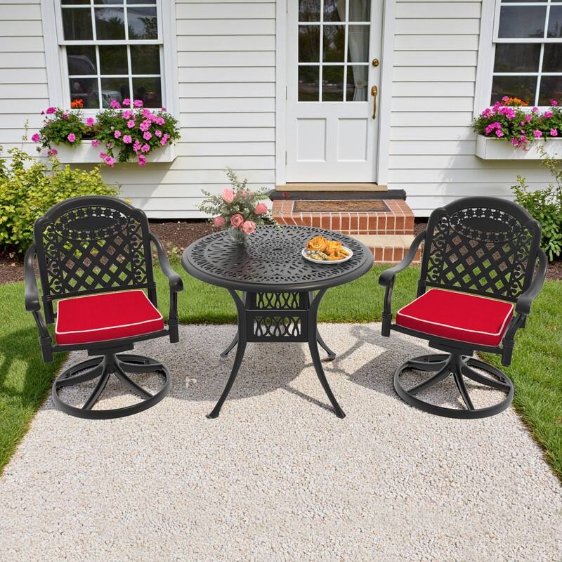 3-Piece Aluminum Round Outdoor Patio Dining Set, 2 Cushioned Swivel Chairs, Table, All-Weather Frames