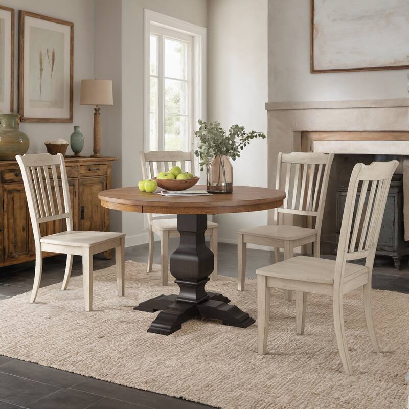 Ronda 45" Round Solid Wood Top Dining Set with Spindle Back Chairs - Antique Black Table - Antique White Chairs