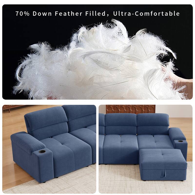 Down Filling Modular Deep Seat Couch L-shaped Sectional Sofa with Adjustable Backrest, Cup Holders, Storage Armrests and Ottoman
