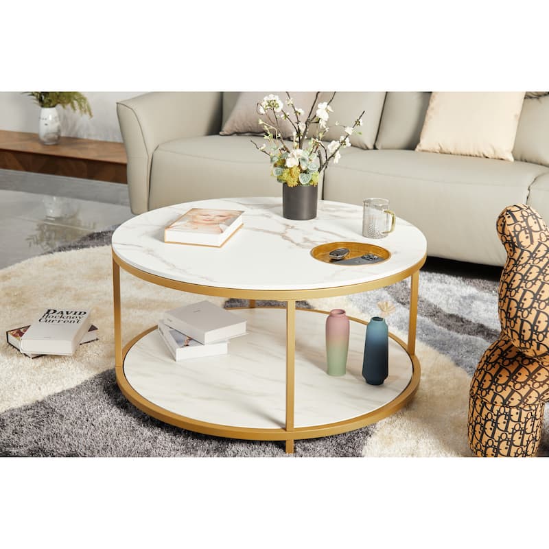 Round 2-Tier Coffee Table with Featuring Built-In Storage Slots and Shelf