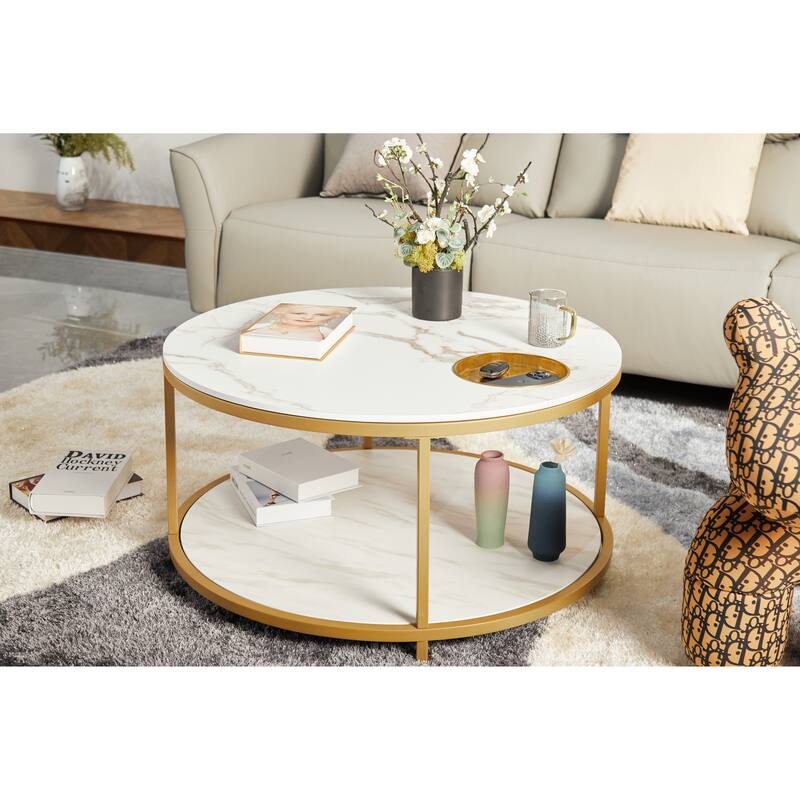 Round Coffee Table with Storage Tray and Lower Shelf Two Tier Modern Design