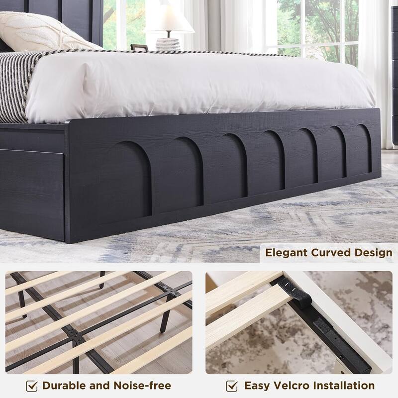 Modern King Size Bed Frame, 52" Tall Arched Recessed Headboard