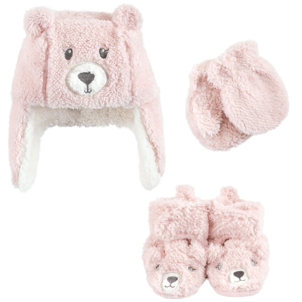 slide 2 of 2, Hudson Baby Infant Girl Trapper Hat, Mitten and Bootie Set, Pink Bear Pink Bear - 12-18 Months