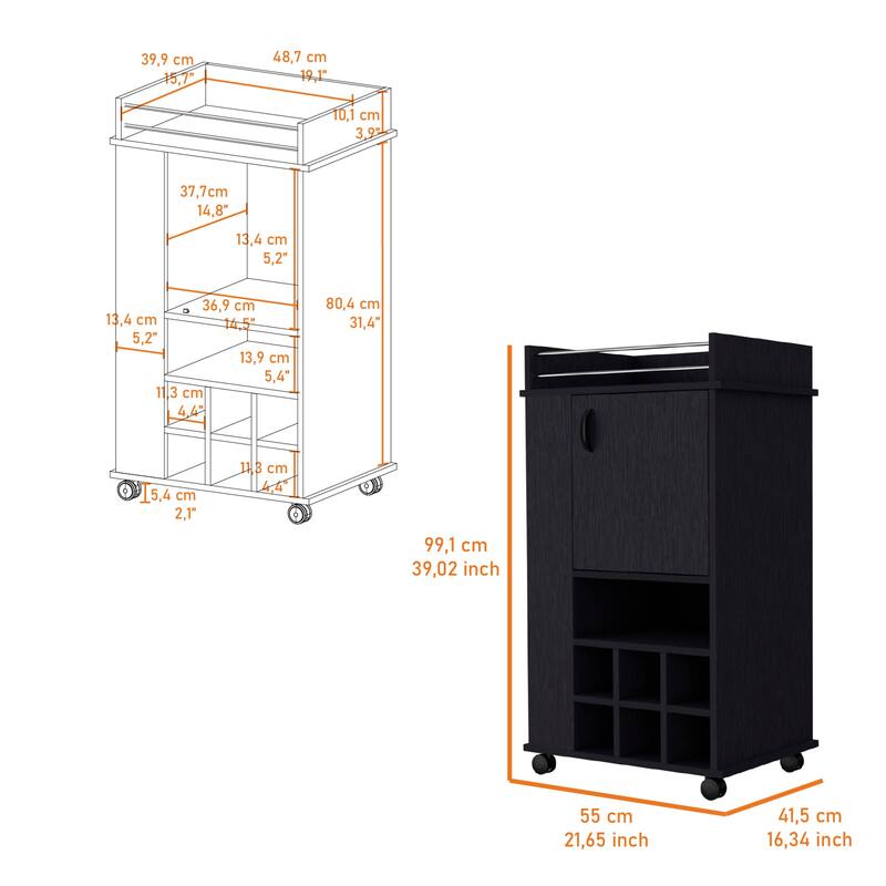 Allandale 1-Door Bar Cart with Wine Rack and Casters