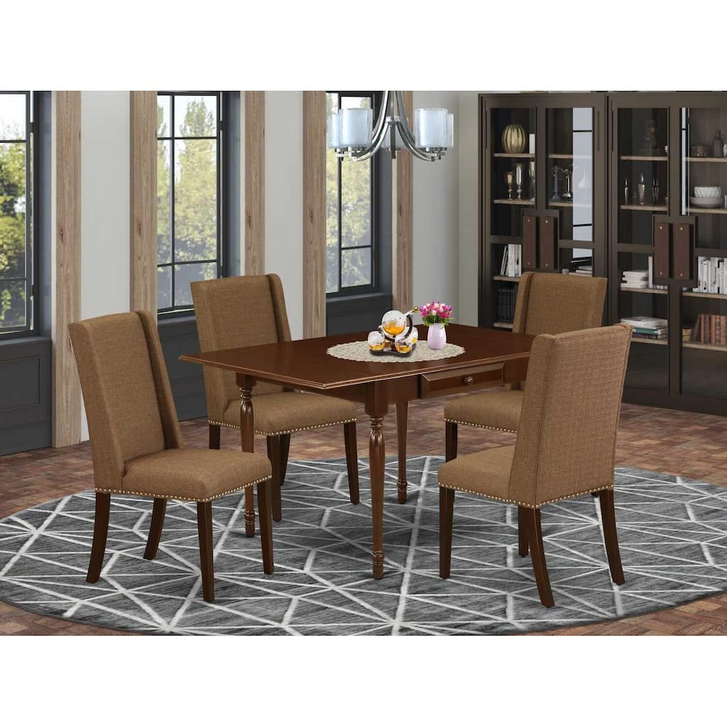 HomeStock 5-Pc Mahogany Finish Solid Wood Top - Upholstered Dining Room Set with Leaf - Seats 4