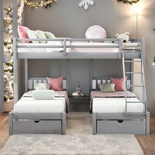 Modern Full Over Twin&Twin Bunk Bed,Wood Triple Bunk Bed With Drawers And Guardrails,Solid Construction