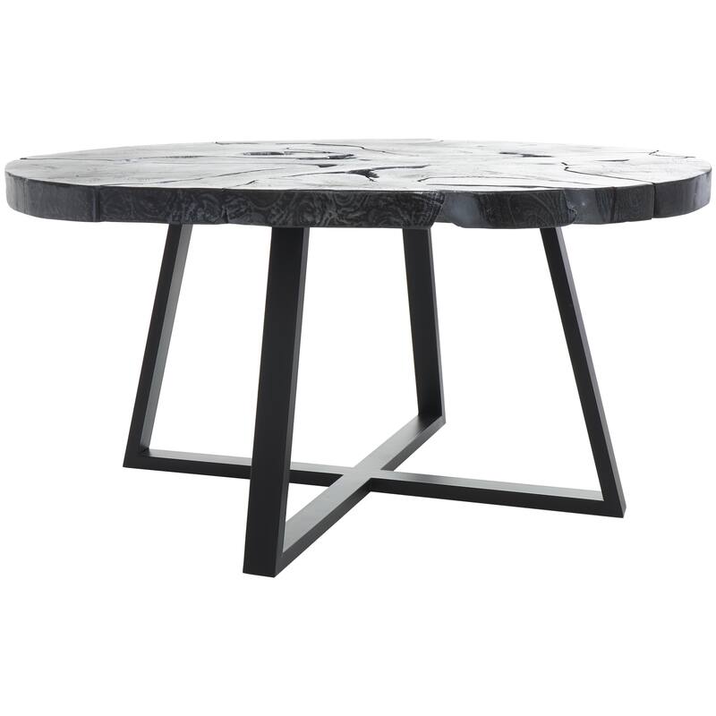 Teak Wood Geometric Handmade Live Edge Living Room Coffee Table with Black Metal Base - Black - Roche River Decor