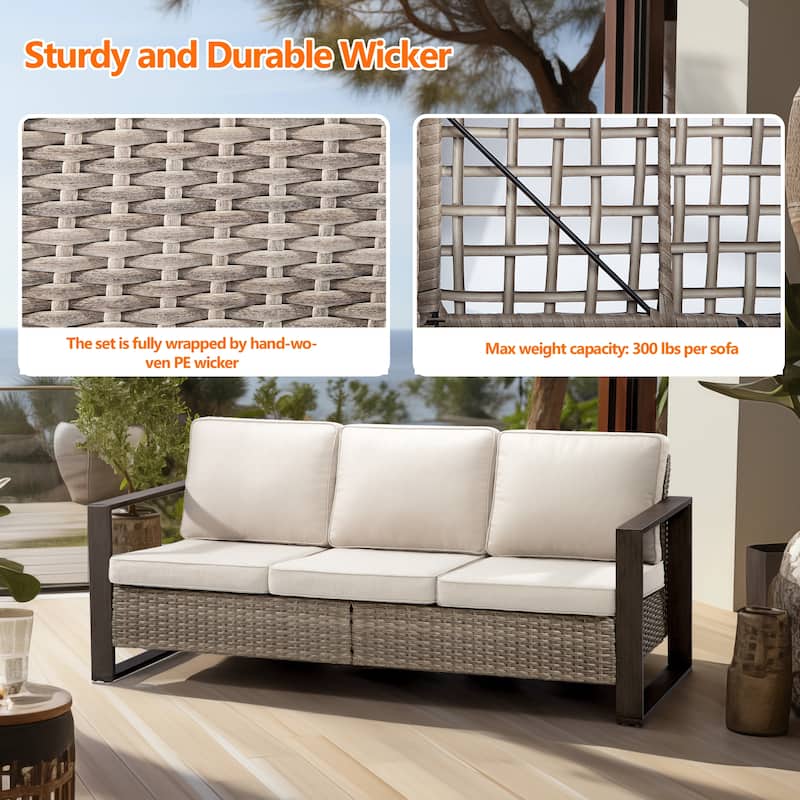 Cozywor Wicker Outdoor Patio Sofa Steel Frame with Beige Cushions