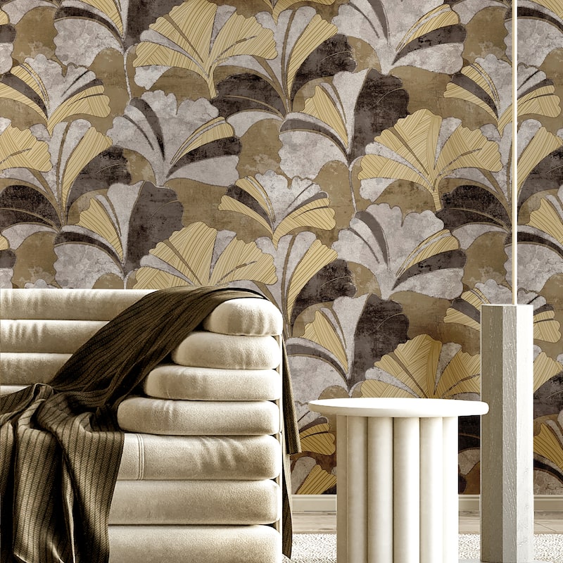 Galerie Wallcoverings Stratum Collection Ginko Leaf Vinyl on Non-woven Metallic Wallpaper Roll Double Width